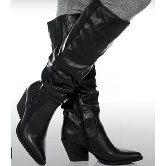 Zodiac Riau Black Faux Leather Slouch Knee High Pointed Toe Boot Size 8.5 - Picture 1 of 14